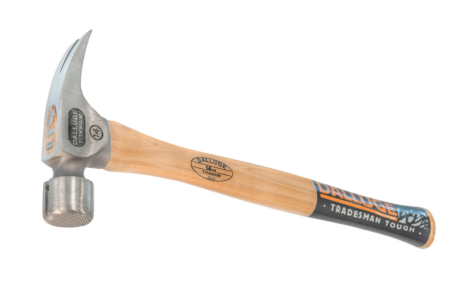 14 oz Titanium Dalluge hammer has a lightweight titanium head which provides a faster swing with less effort. Hammer provides faster & greater power at point of impact with less stress & arm fatigue, & has the "NaiLoc" magnetic nail holder. Mill waffle face. Straight Hickory hardwood handle. Model 7170. 698250071705
