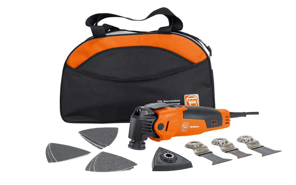 Fein MultiMaster 500 Start Q set provides the basic accessories needed for sanding & sawing - Made in Germany ~ Model  7 229 52 64 09 0. Nylon tool bag included. 72295264090. 3.1 A / 350 W Motor. 10,000-19,500 rpm. Starlock Plus mounting system. UPC: 4014586884806. Unperforated backing pad, (3) saw blades, sandpaper
