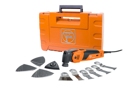 Fein MultiMaster QuickStart ~ FMM 350 QSL provides accessories for a wide range of applications - Made in Germany ~ Model  7 229 52 67 09 0. Nylon tool bag included. 72295267090. 3.6 A / 350 W Motor. 10,000-19,500 rpm. Starlock Plus mounting system. UPC 4014586884882. Unperforated backing pad, (6) saw blades, sandpaper
