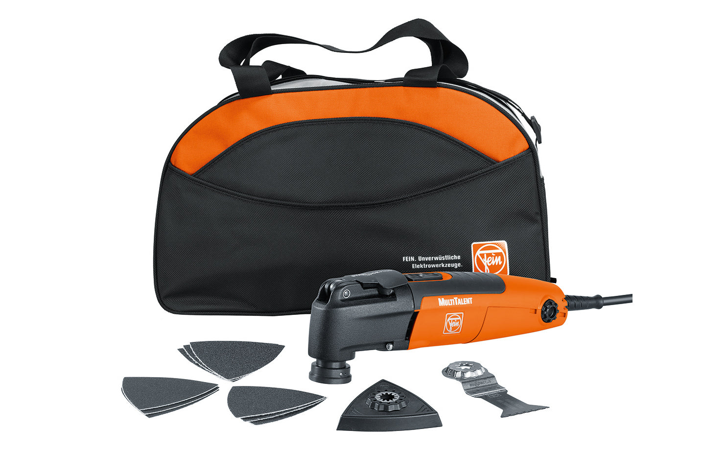 Fein MultiTalent Start Q ~ FMT 250 QSL set provides the basic accessories needed for sanding & sawing - Made in Germany ~ Model  7 229 53 62 09 0. Nylon tool bag. 72295362090. 2.4 A / 250 W Motor. 10,000-20,000 rpm. Starlock Plus mounting system. UPC 4014586885001. Unperforated backing pad, (3) saw blades, sandpaper