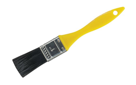 This 1" brush is made from synthetic polyolefin filament bristles. Square trimmed, processed tip. Yellow plastic handle. Not recommended for One Coat paints. Designed for use with adhesives. 009326787435