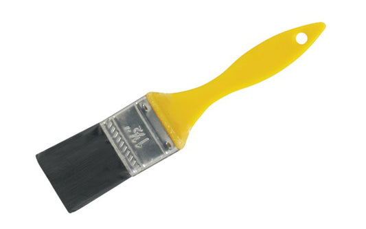 This 1-1/2" brush is made from synthetic polyolefin filament bristles. Square trimmed, processed tip. Yellow plastic handle. Not recommended for One Coat paints. Designed for use with adhesives. 009326787442