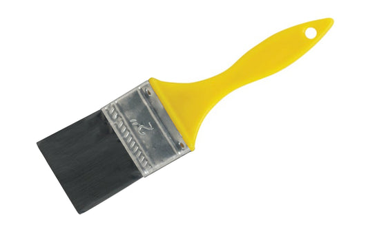This 2" brush is made from synthetic polyolefin filament bristles. Square trimmed, processed tip. Yellow plastic handle. Not recommended for One Coat paints. Designed for use with adhesives. 009326787459
