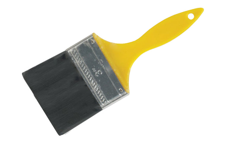 This 3" brush is made from synthetic polyolefin filament bristles. Square trimmed, processed tip. Yellow plastic handle. Not recommended for One Coat paints. Designed for use with adhesives. 009326787466