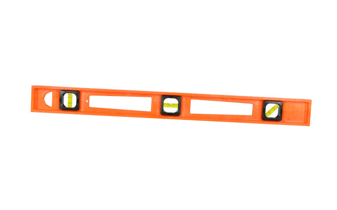 This 24" Orange "Structo-Cast" Johnson Level frame is non-conductive & will not scratch fine wood or painted surfaces. Level also comes equipped with durable acrylic vials for easy reading at different angles, & the level is field serviceable. High visible orange color. Replaceable vials. Model No. 7724-O. 049448773503