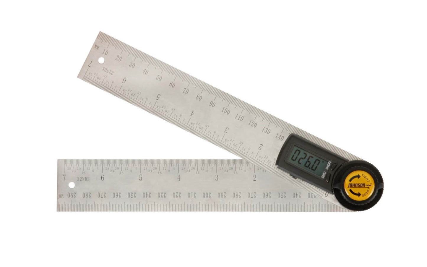 Check & transfer angle measurements & have a ready straight edge all in one tool. Compact 7" digital angle locator & ruler is made of durable stainless steel. The digital angle locator displays measurements digitally in degrees on an easy-to-read LCD display. Johnson Level Model 1888-0700. 1/32nds & mm graduations.