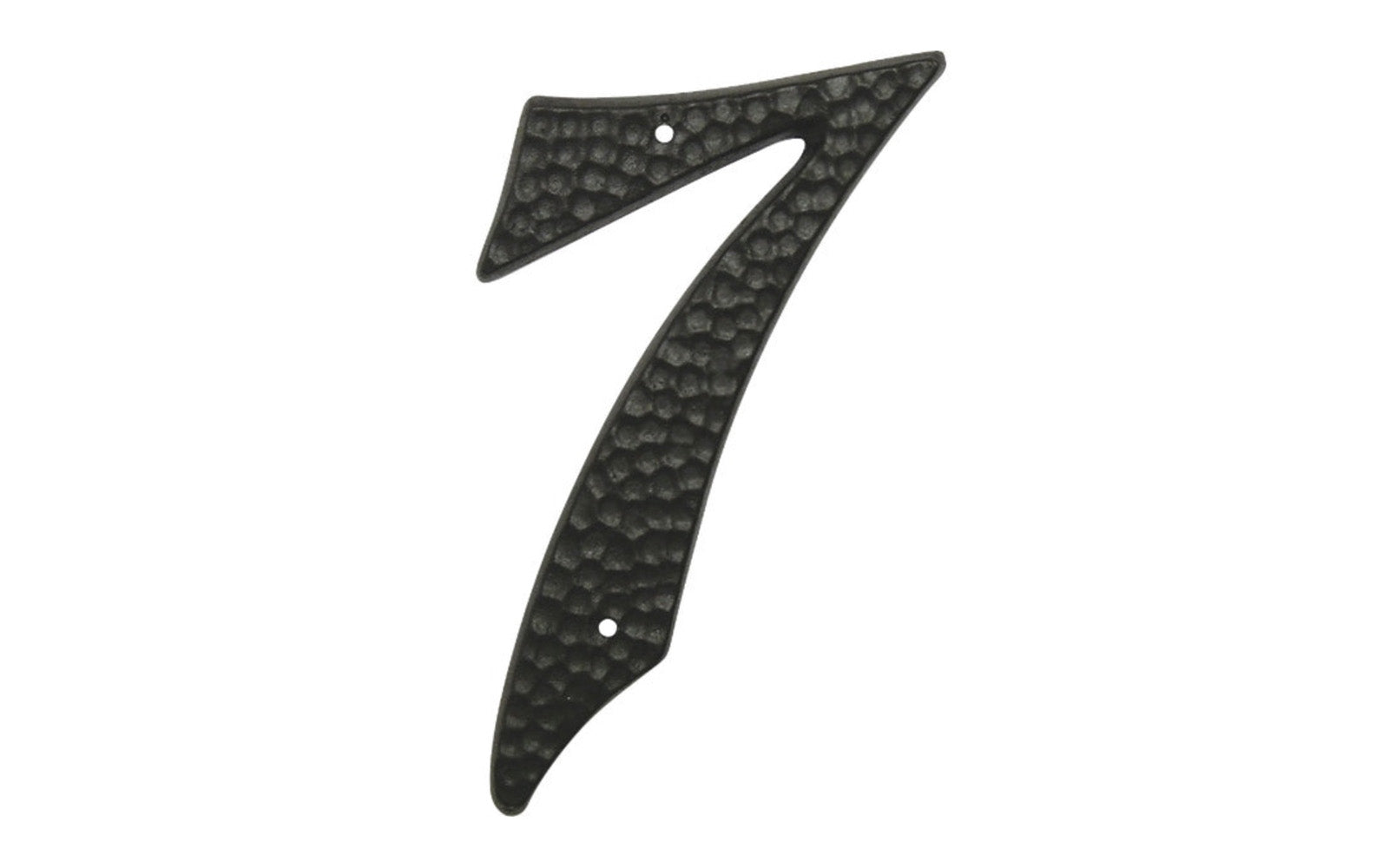 Number Seven Black Hammered House Number in a 3-1/2" Size. Made of die-cast aluminum material with a black hammered style. Mounting nails included. #7 House Number. Hy-Ko Model No. DC-3/7. 029069201074