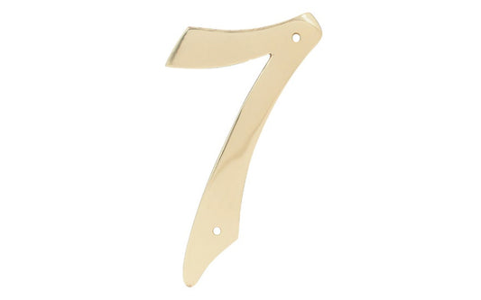 Number Seven Solid Brass House Number in a 4" size. Made of solid brass material - 1/16" thickness. Lacquered brass finish. Mounting nails included. #7 House Number. Hy-Ko Model No. BR-40/7. 029069200978