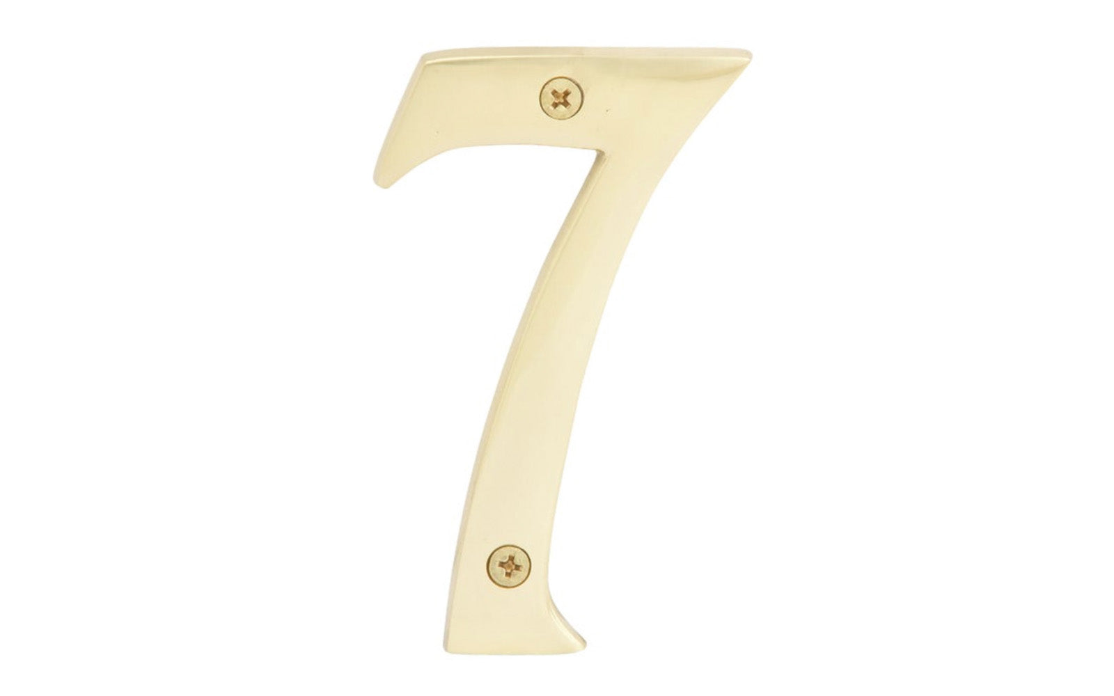 Number Seven Solid Brass House Number in a 4" Size. Made of solid brass material - 1/4" thickness. Lacquered brass finish. Includes two flat head phillips screws. #7 House Number. Hy-Ko Model No. BR-90/7. 029069104979