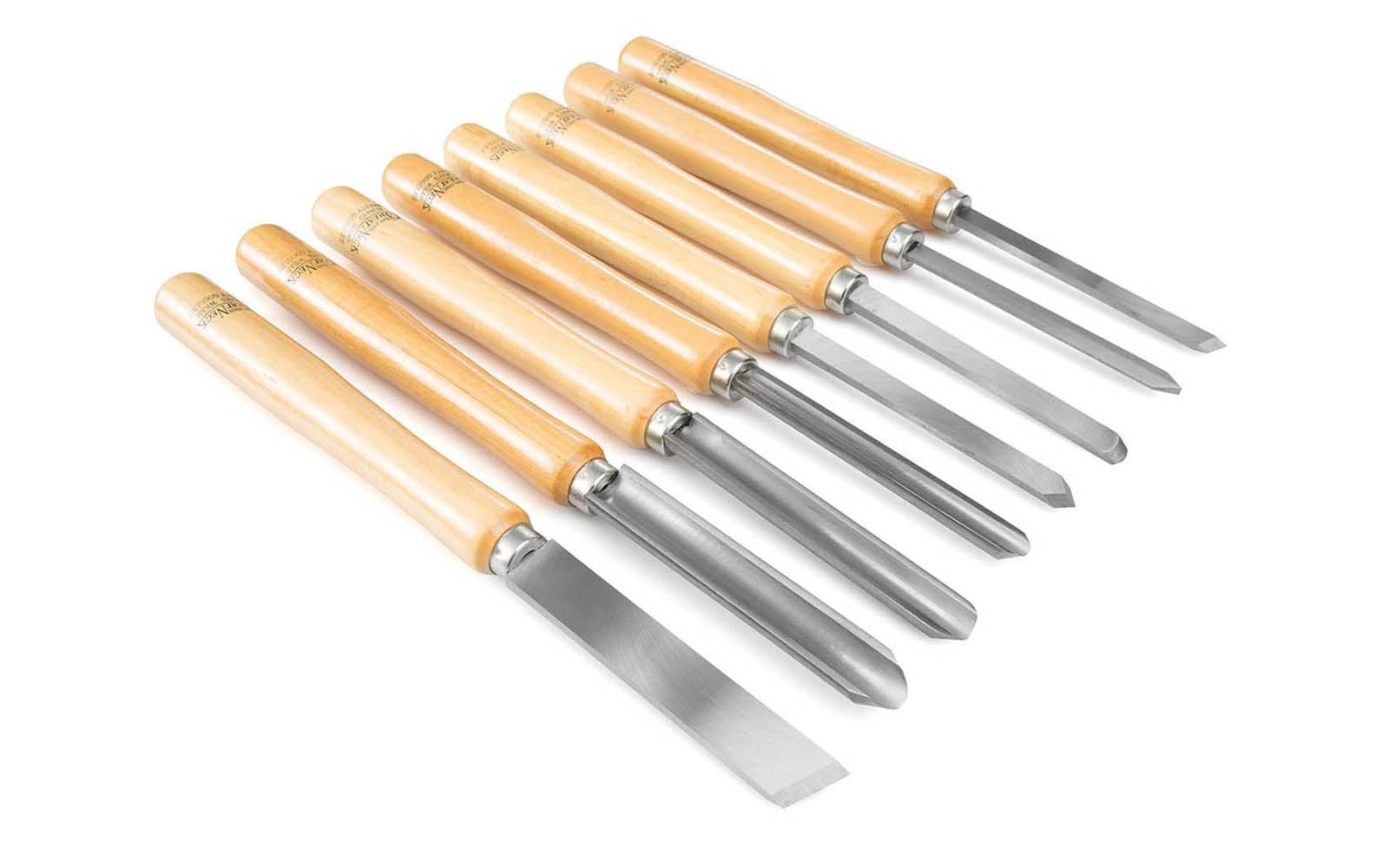 8-piece Wood Turning Tool Set Made by Buck Bros. in USA for GreatNeck Tools. Made of high carbon alloy tool steel. Ground, sharpened, hardened & tempered. Includes: 1/2" Skew, 1/2" Parting Tool, 1/2" Round Nose, 1/2" Spear, 3/8" Gouge, 1" Gouge, 1" Skew. Wooden handles are kiln-dried hardwood handles. Model No. 800