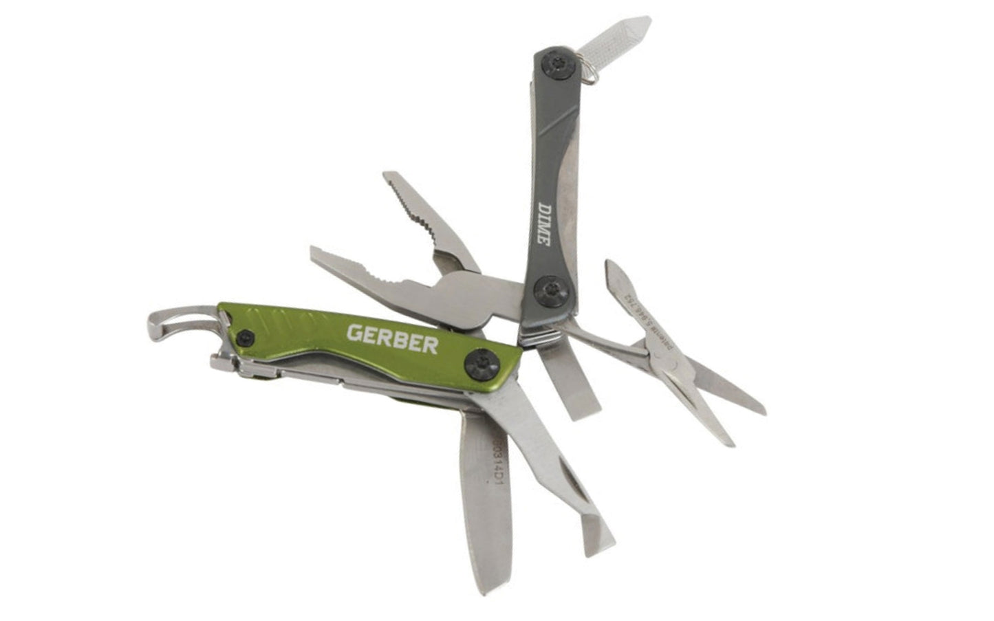 Gerber Dime 12-Tool Multi-Plier. Dime Micro tool features: Needle nose spring-loaded pliers, wire cutter, fine edge blade, retail package opener, scissors, medium flat driver, crosshead driver, bottle opener, tweezers, & file. Compact & lightweight. Overall length: 4-1/4" Closed length: 2-3/4"