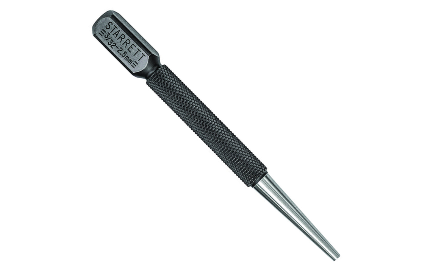 Model No. 800C. Hardened & Tempered. Starrett 800 Nail Set has a large, square head that provides a large striking surface and prevents the tool from rolling. 4" (100mm) Length, 3/32" (2.5mm) Punch Diameter. 496595303150.  Made in USA.