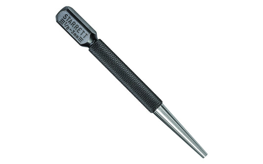 Model No. 800D. Hardened & Tempered. Starrett 800 Nail Set has a large, square head that provides a large striking surface and prevents the tool from rolling. 4" (100mm) Length, 1/8" (3mm) Punch Diameter. 049659530322.  Made in USA.