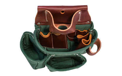 Occidental Leather 3-Pouch Tool Bag ~ 8018DB - Fits 3" work belt - Green Pouch - Three pouch tool bag features holders for pencils, work knife, chisel, level, lumber crayon, hammer loop. Main tool bag corners are reinforced with Occidental's trademark "OxyRed" leather. Made of Nylon & genuine Leather - With Tape Pocket