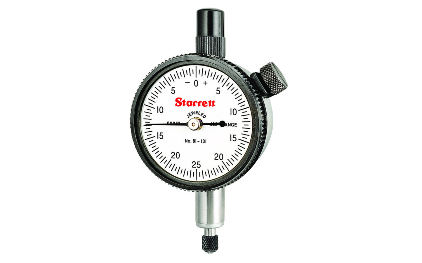Starrett 81 Series Dial Indicator has a shockless, hardened steel gear train and jewel bearings. It is furnished with a lug-on-center back. Antimagnetic and special non-shock mechanisms are options available for all models. .125" Range, Dial Reading 0-25-0, .0005" Grad.   Made in USA.