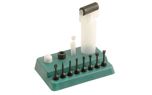 This Glue Spreader Kit Set gives you a complete gluing solution. The empty eight ounce bottle comes complete with a storage base block & a number of interchangeable heads (roller head, flat nozzle, pinpoint head, round head, five dowel headsbottle. 744391119971