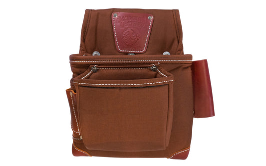 Occidental Leather's "Stronghold" rough framer fastener bag is a lightweight all-nylon two pouch tool bag with leather holders & reinforced corners. 7 holders for nail sets or driver bits, tri-square, cat's paw. The pouch has a leather sleeve for clip-on tape or upper bag - Model 8381 - Nylon material with a foam core