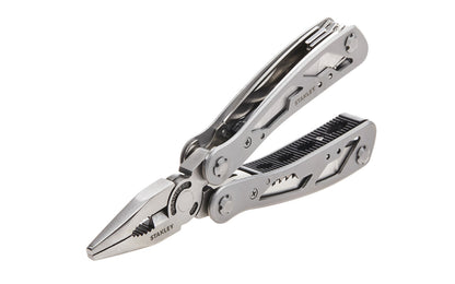 Stanley 12-in-1 Multi-Tool has stainless-steel construction with nylon holster. Includes long nose pliers, curve jaw pliers, wire cutter, saw, Phillips screwdriver, standard 1/4", 5/16", 1/8" screwdrivers, file, small knife, large knife, can opener, & bottle opener. Multi-purpose tool for everyday use. Model No. 84-519