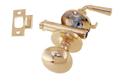 Classic & traditional brass screen door mortise latch set with a knob & lever. The doorknob itself is hollow core & made of brass material, & the lever is made of solid brass. Reversible for right or left applications. 1-3/4" backset. Unlacquered Brass (will patina over time). Non-lacquered Brass.
