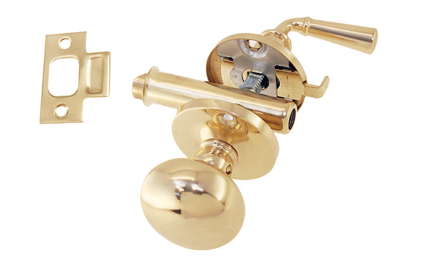 Classic & traditional brass screen door mortise latch set with a knob & lever. The doorknob itself is hollow core & made of brass material, & the lever is made of solid brass. Reversible for right or left applications. 1-3/4" backset. Lacquered Brass Finish.