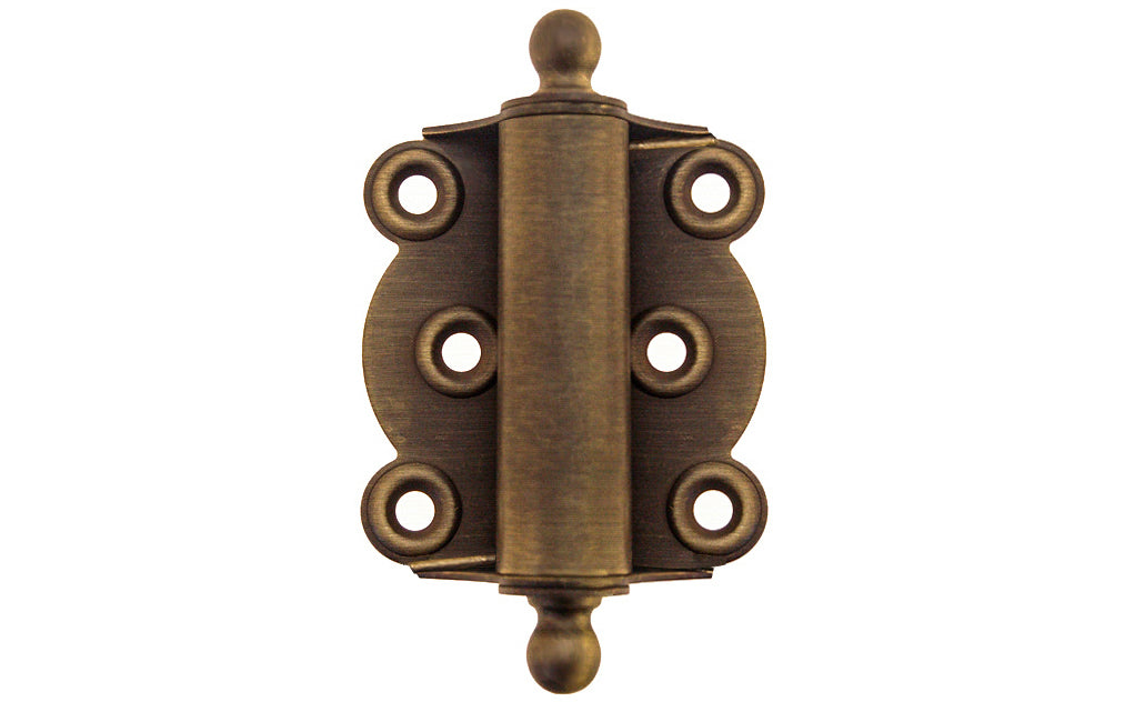 Traditional full surface brass spring hinge with solid brass ball-tips with a concealed spring. Designed for screen doors & other light duty self-closing doors. 2-1/4" wide x 2-3/4" high. Solid Brass Ball Tip Screen Door Hinge. Antique Brass Finish.