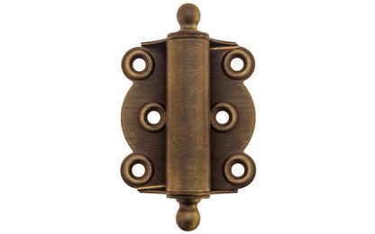 Traditional full surface brass spring hinge with solid brass ball-tips with a concealed spring. Designed for screen doors & other light duty self-closing doors. 2-1/4" wide x 2-3/4" high. Solid Brass Ball Tip Screen Door Hinge. Antique Brass Finish.