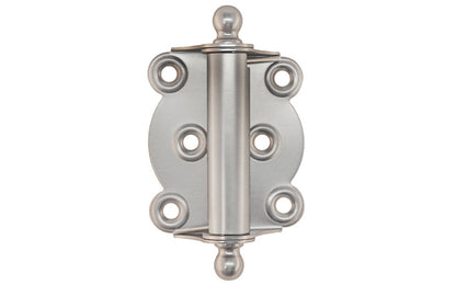 Traditional full surface brass spring hinge with solid brass ball-tips with a concealed spring. Designed for screen doors & other light duty self-closing doors. 2-1/4" wide x 2-3/4" high. Solid Brass Ball Tip Screen Door Hinge. Brushed Nickel Finish.