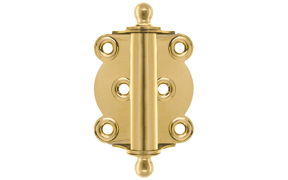 Traditional full surface brass spring hinge with solid brass ball-tips with a concealed spring. Designed for screen doors & other light duty self-closing doors. 2-1/4" wide x 2-3/4" high. Solid Brass Ball Tip Screen Door Hinge. Unlacquered Brass (will patina over time). Non-lacquered brass. Un-lacquered brass.