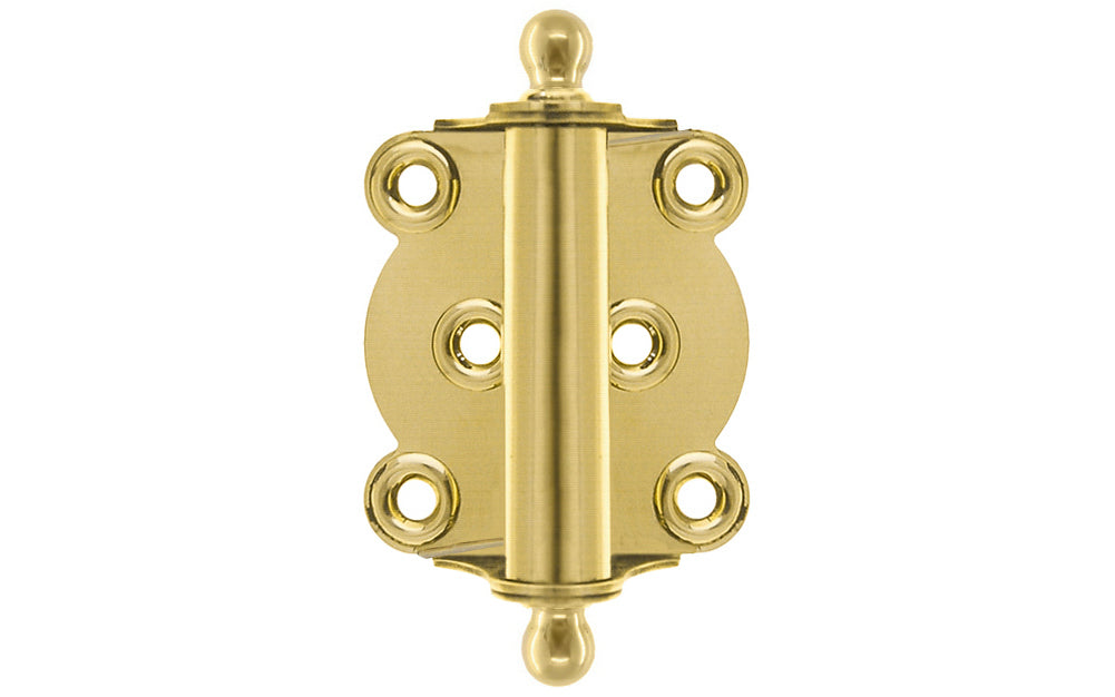 Traditional full surface brass spring hinge with solid brass ball-tips with a concealed spring. Designed for screen doors & other light duty self-closing doors. 2-1/4" wide x 2-3/4" high. Solid Brass Ball Tip Screen Door Hinge. Lacquered Brass Finish.