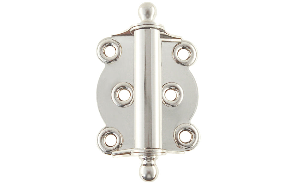 Traditional full surface brass spring hinge with solid brass ball-tips with a concealed spring. Designed for screen doors & other light duty self-closing doors. 2-1/4" wide x 2-3/4" high. Solid Brass Ball Tip Screen Door Hinge. Polished Nickel Finish.