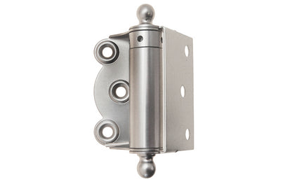 Traditional half surface brass spring hinge with solid brass ball-tips with a concealed spring. Designed for screen doors & other light duty self-closing doors. 2-3/4" high hinge size. Solid Brass Ball Tip Screen Door Hinge. Brushed Nickel Finish.