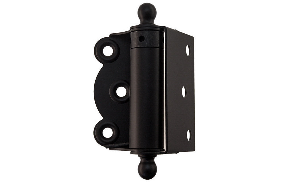 Traditional half surface brass spring hinge with solid brass ball-tips with a concealed spring. Designed for screen doors & other light duty self-closing doors. 2-3/4" high hinge size. Solid Brass Ball Tip Screen Door Hinge. Oil Rubbed Bronze Finish.