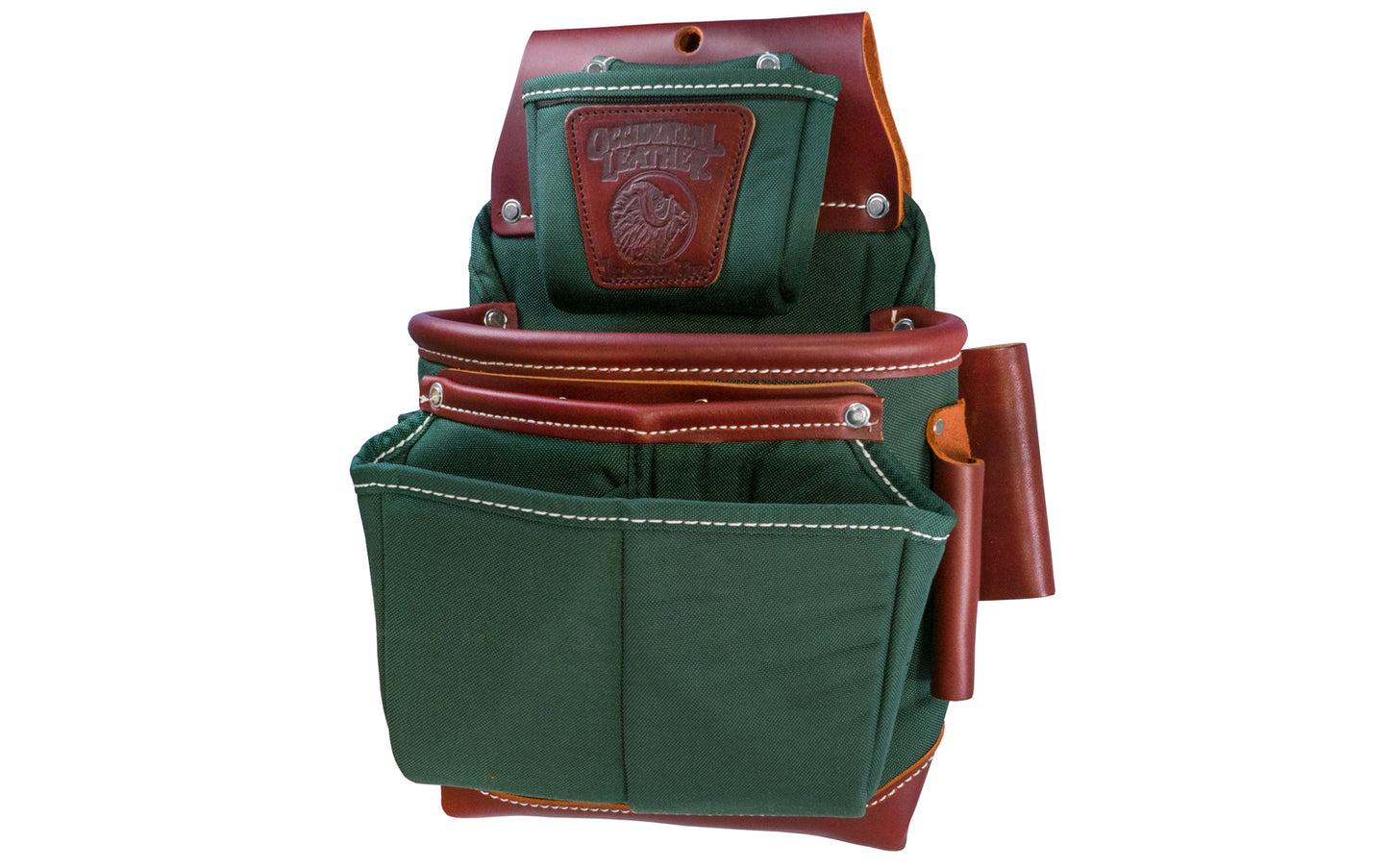 Occidental Leather Heritage Fat Lip Fastener Bag ~ Model 8583 - Fits 3" work belt - Bags are 10" deep & feature a full leather boot along with distinctive leather "FatLip" mouth. "FatLip" keeps the bag formed, open, & protected against abrasion. Made of Nylon & genuine Leather - 10 total pockets & tool holders - Green