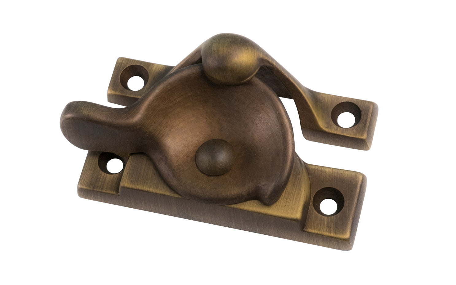 High quality classic solid brass crescent-style sash lock with square corners designed for hung or sash windows. Solid brass material with a durable pivot turn. 2-1/2" x 1" Size Lock. Antique Brass Finish.