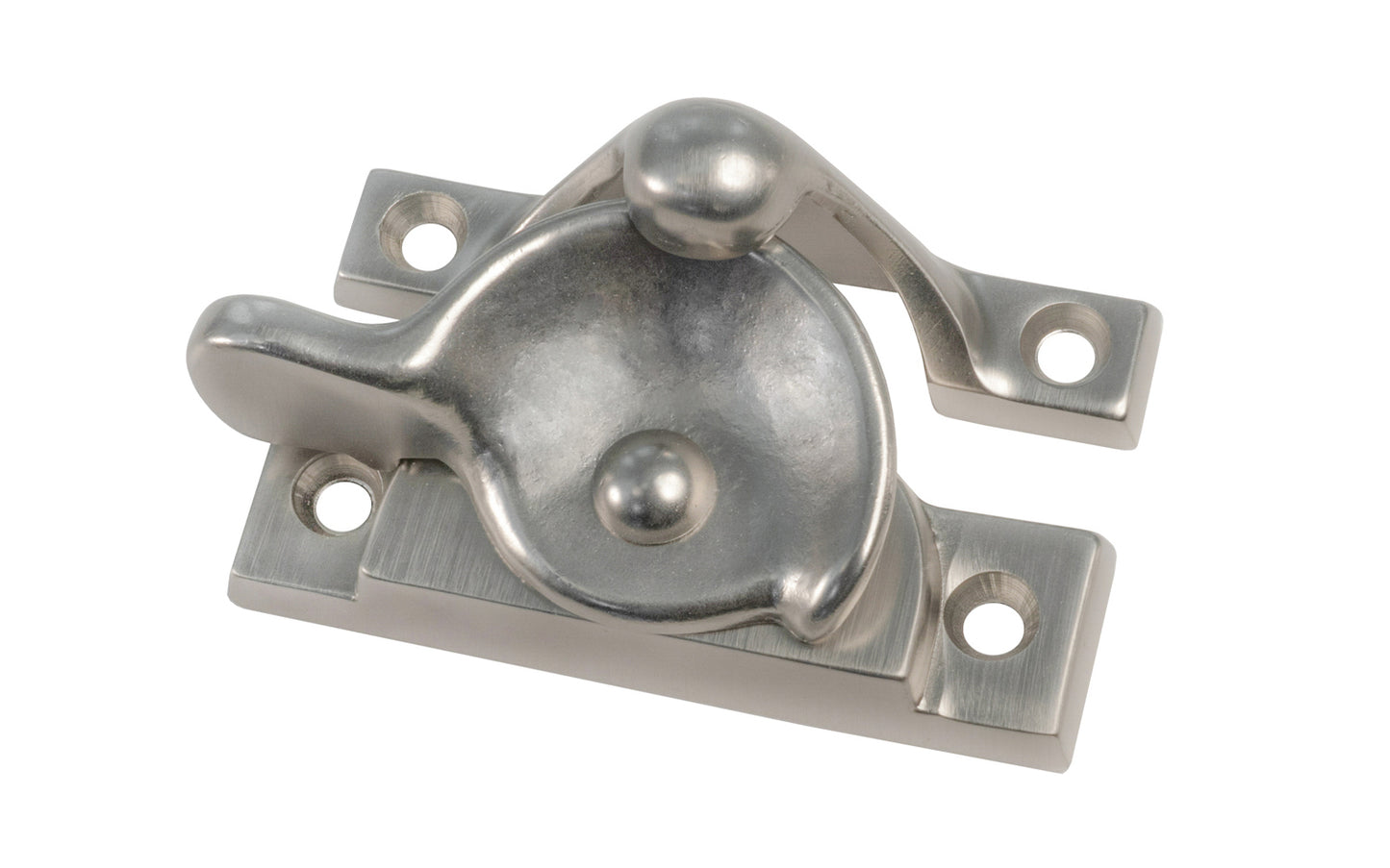 High quality classic solid brass crescent-style sash lock with square corners designed for hung or sash windows. Solid brass material with a durable pivot turn. 2-1/2" x 1" Size Lock. Brushed Nickel Finish.