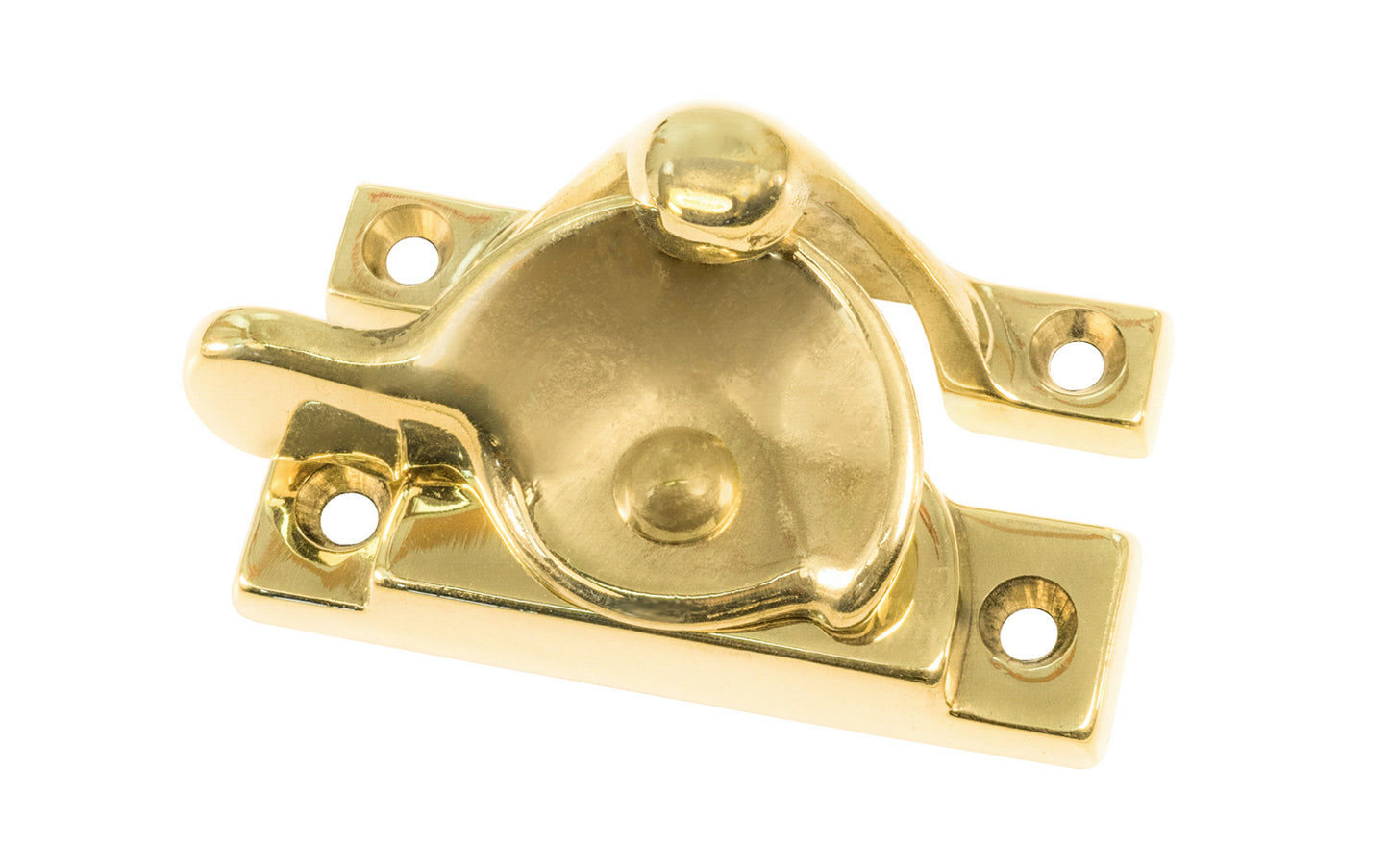 High quality classic solid brass crescent-style sash lock with square corners designed for hung or sash windows. Solid brass material with a durable pivot turn. 2-1/2" x 1" Size Lock. Lacquered Brass Finish.