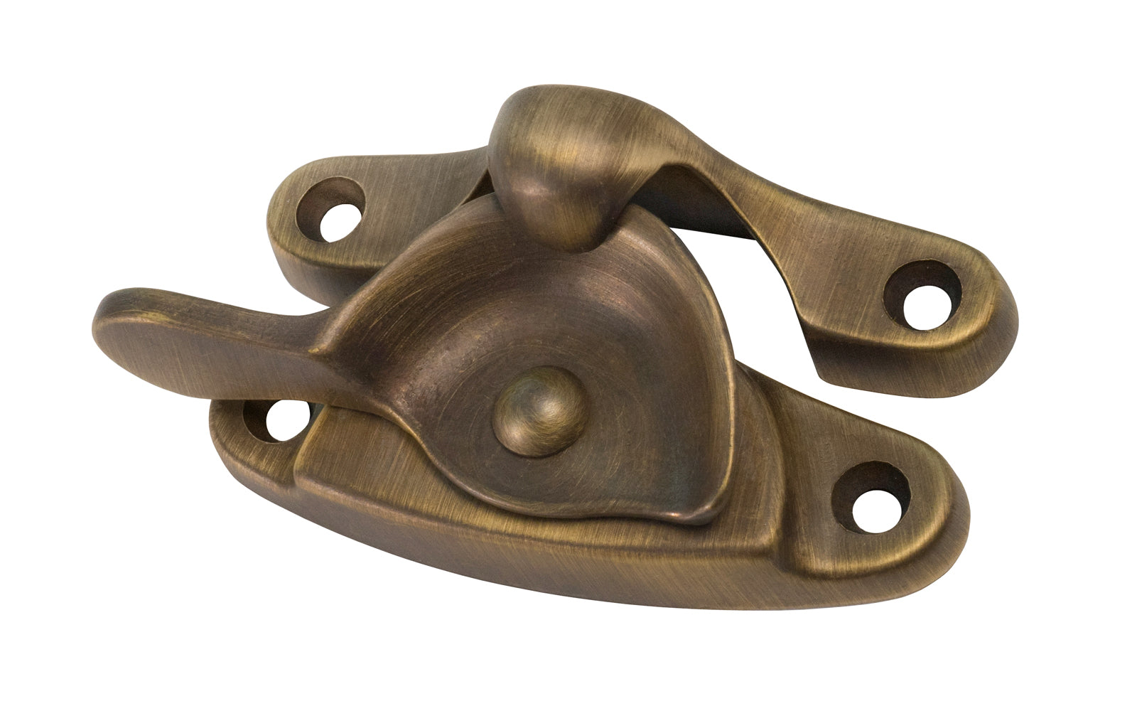 High quality & very popular classic solid brass crescent-style sash lock designed for hung or sash windows. Solid brass material with a durable pivot turn. 2-7/8" x 1" Large Size Lock. Antique Brass Finish.