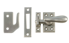 Classic & Traditional Solid Brass Casement Window Latch ~ Large Size. 2" high x 1-1/8" wide latch turn base. Locks & tightens window frames or small doors. Reversible for right or left applications. Vintage-style casement window lock. Brushed Nickel Finish.