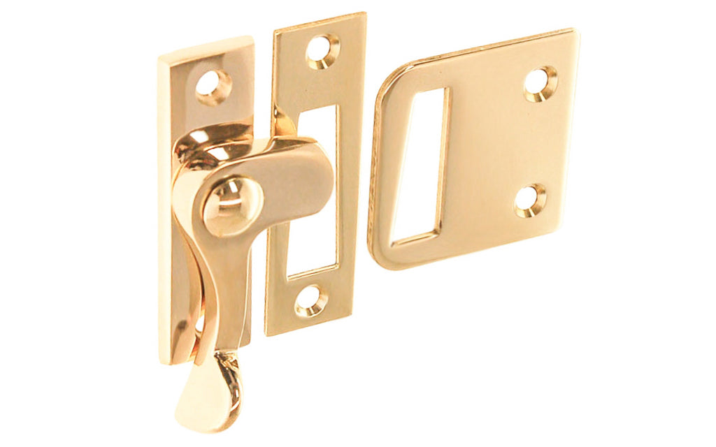 Vintage-style Hardware · Traditional Solid Brass Casement Lever Latch ~ Left Hand Operation. Durable strong pivot for sturdy operation. Locks & tightens casement window frames or small cabinet doors. Unlacquered Brass (will patina over time). Non-lacquered brass.