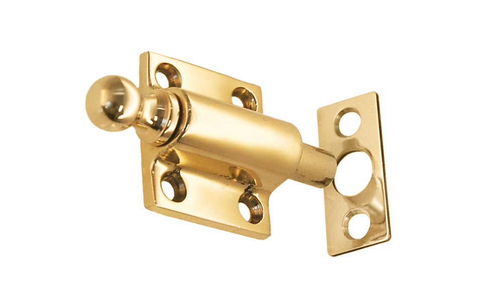Vintage-style Hardware · Solid Brass Ventilating Sash Spring-Loaded Bolt designed for holding a sliding sash in either an open or closed position. Made of quality solid brass material for durability. Plunger has a 5/8" diameter & is spring loaded. It may be kept in a retracted position by turning the knob on the bolt. Lacquered Brass Finish.