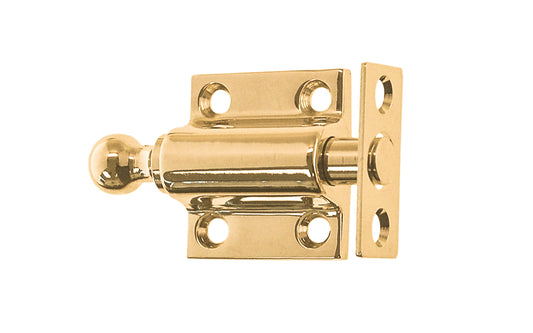 Vintage-style Hardware · Solid Brass Ventilating Sash Spring-Loaded Bolt designed for holding a sliding sash in either an open or closed position. Made of quality solid brass material for durability. Plunger has a 5/8" diameter & is spring loaded. It may be kept in a retracted position by turning the knob on the bolt. Unlacquered Brass (will patina over time). Non-lacquered brass.