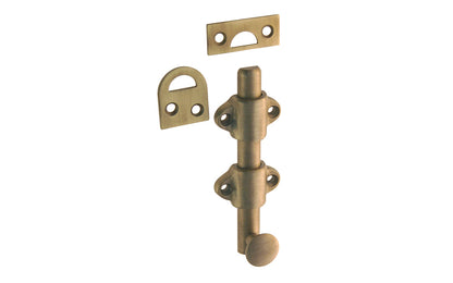 Vintage-style Hardware · Classy & handsome solid brass medium-duty surface bolt. Great for windows, doors, French windows, cabinets. 1/2" diameter half-rod with 1-3/8" wide guide brackets (stays) & 3/4" diameter knob. Includes small mortise strike & rim strike. Antique Brass Finish. Solid Brass Dutch Bolt