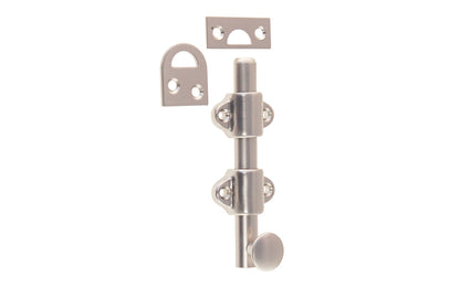 Vintage-style Hardware · Classy & handsome solid brass medium-duty surface bolt. Great for windows, doors, French windows, cabinets. 1/2" diameter half-rod with 1-3/8" wide guide brackets (stays) & 3/4" diameter knob. Includes small mortise strike & rim strike, Brushed Nickel Finish. Solid Brass Dutch Bolt