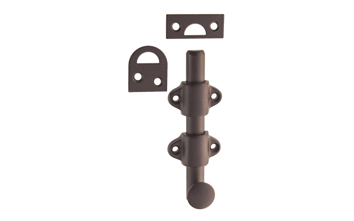 Vintage-style Hardware · Classy & handsome solid brass medium-duty surface bolt. Great for windows, doors, French windows, cabinets. 1/2" diameter half-rod with 1-3/8" wide guide brackets (stays) & 3/4" diameter knob. Includes small mortise strike & rim strike. Oil Rubbed Bronze Finish. Solid Brass Dutch Bolt