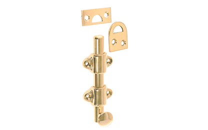 Vintage-style Hardware · Classy & handsome solid brass medium-duty surface bolt. Great for windows, doors, French windows, cabinets. 1/2" diameter half-rod with 1-3/8" wide guide brackets (stays) & 3/4" diameter knob. Includes small mortise strike & rim strike, Non-Lacquered Brass. Solid Brass Dutch Bolt