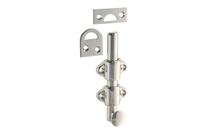 Vintage-style Hardware · Classy & handsome solid brass medium-duty surface bolt. Great for windows, doors, French windows, cabinets. 1/2" diameter half-rod with 1-3/8" wide guide brackets (stays) & 3/4" diameter knob. Includes small mortise strike & rim strike, Polished Nickel Finish. Solid Brass Dutch Bolt