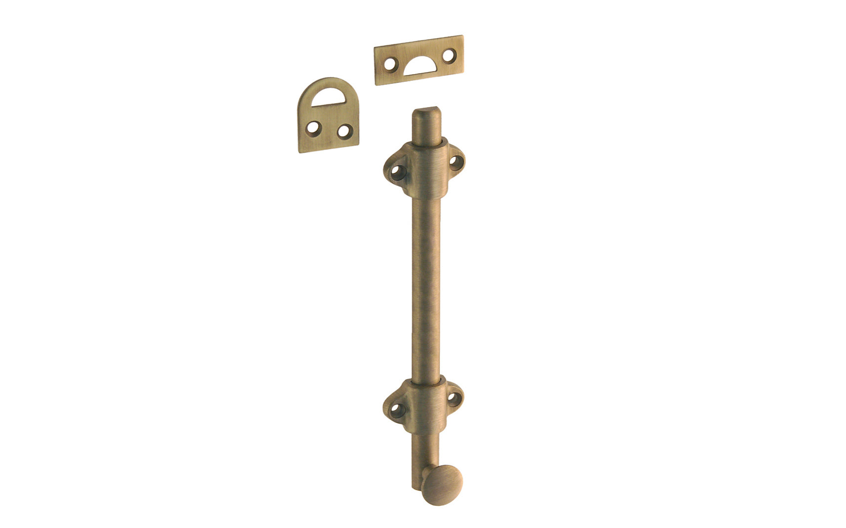 Vintage-style Hardware · Classy & handsome solid brass medium-duty surface bolt. Great for windows, doors, French windows, cabinets. 1/2" diameter half-rod with 1-3/8" wide guide brackets (stays) & 3/4" diameter knob. Includes small mortise strike & rim strike, & six slotted flat head screws. Solid Brass Dutch Bolt. Antique Brass Finish.