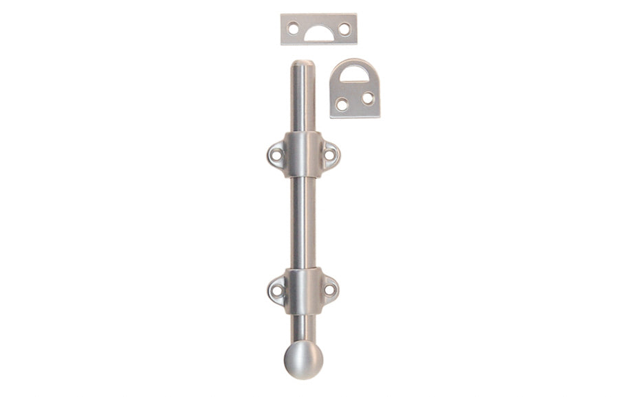 Vintage-style Hardware · Classy & handsome solid brass medium-duty surface bolt. Great for windows, doors, French windows, cabinets. 1/2" diameter half-rod with 1-3/8" wide guide brackets (stays) & 3/4" diameter knob. Includes small mortise strike & rim strike, & six slotted flat head screws. Solid Brass Dutch Bolt. Brushed Nickel Finish