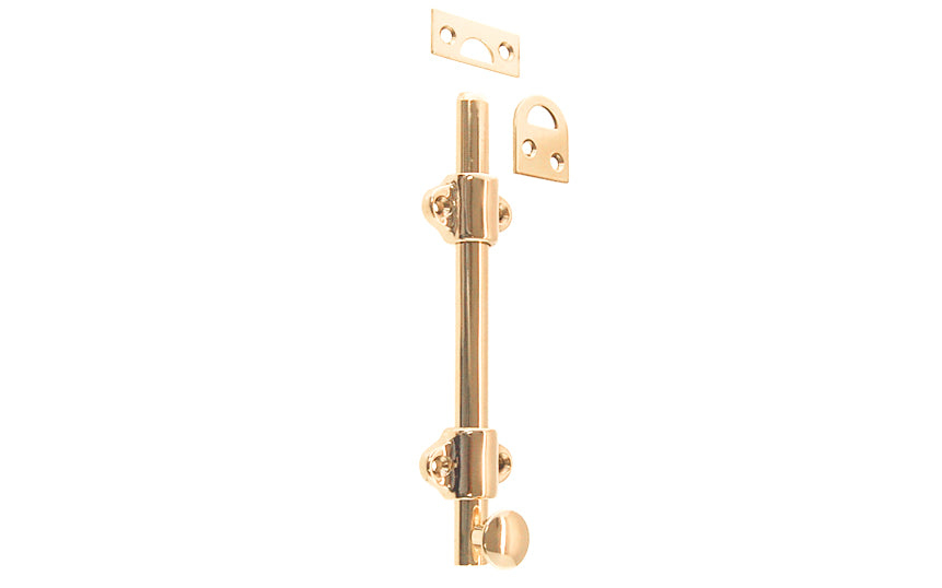 Vintage-style Hardware · Classy & handsome solid brass medium-duty surface bolt. Great for windows, doors, French windows, cabinets. 1/2" diameter half-rod with 1-3/8" wide guide brackets (stays) & 3/4" diameter knob. Includes small mortise strike & rim strike, & six slotted flat head screws. Solid Brass Dutch Bolt. Non-Lacquered Brass Finish