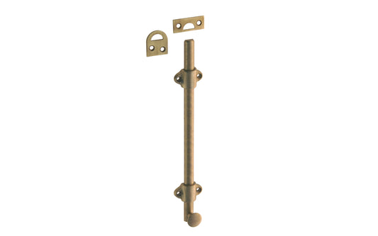 Vintage-style Hardware · Classy & handsome solid brass medium-duty surface bolt. Great for windows, doors, French windows, cabinets. 1/2" diameter half-rod with 1-3/8" wide guide brackets (stays) & 3/4" diameter knob. Includes small mortise strike & rim strike, & six slotted flat head screws. Solid Brass Dutch Bolt. Antique Brass Finish